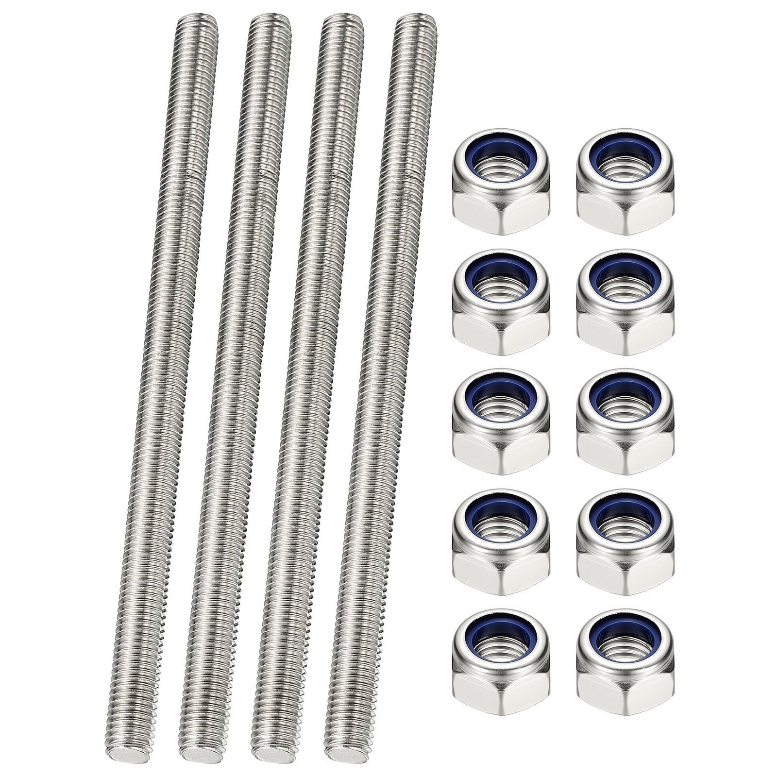 Uxcell Fully Threaded Rod, M10 x 180mm 304 Stainless Steel Right Hand Thread Bar Studs with Nuts, 4 Pcs