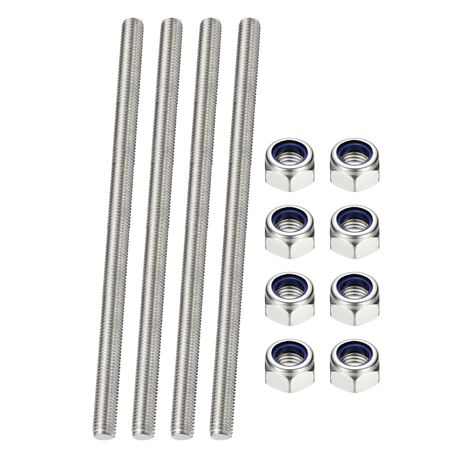 Uxcell Fully Threaded Rod, M10 x 200mm 304 Stainless Steel Right Hand Thread Bar Studs with Nuts, 4 Pcs