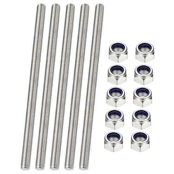 Uxcell Fully Threaded Rod, M4 x 200mm 304 Stainless Steel Right Hand Thread Bar Studs with Nuts, 5 Pcs