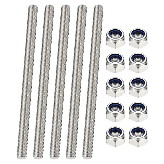 Uxcell Fully Threaded Rod, M6 x 160mm 304 Stainless Steel Right Hand Thread Bar Studs with Nuts, 5 Pcs