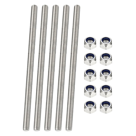 Uxcell Fully Threaded Rod, M6 x 250mm 304 Stainless Steel Right Hand Thread Bar Studs with Nuts, 5 Pcs