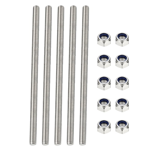 Uxcell Fully Threaded Rod, M6 x 300mm 304 Stainless Steel Right Hand Thread Bar Studs with Nuts, 5 Pcs