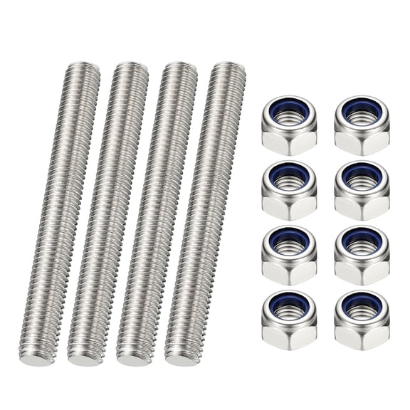 Uxcell Fully Threaded Rod, M8 x 100mm 304 Stainless Steel Right Hand Thread Bar Studs with Nuts, 4 Pcs