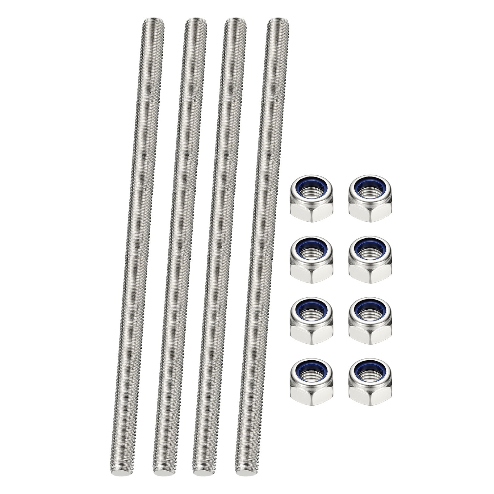 Uxcell Fully Threaded Rod, M8 x 250mm 304 Stainless Steel Right Hand Thread Bar Studs with Nuts, 4 Pcs