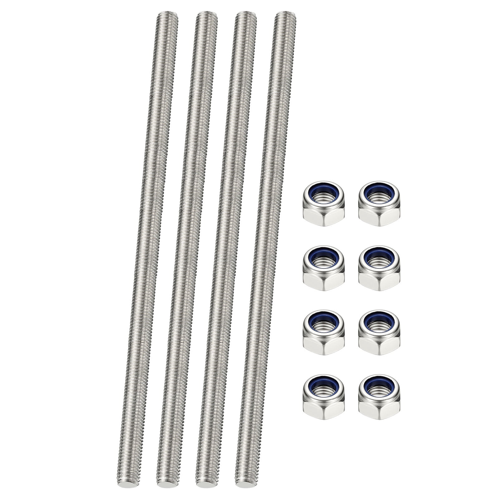 Uxcell Fully Threaded Rod, M8 x 300mm 304 Stainless Steel Right Hand Thread Bar Studs with Nuts, 4 Pcs