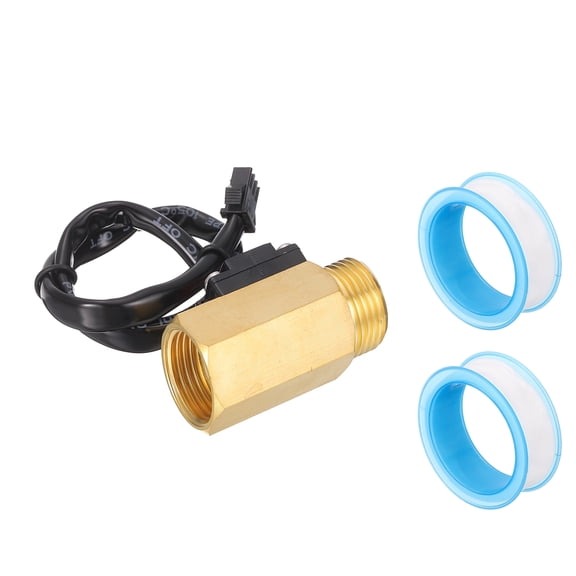 Uxcell G1/2" Hall Effect Liquid Water Flow Sensor, Brass Water Flow Meter with Polytetrafluoroethylene Tape Liquid Flowmeter Hall Effect Sensor for Heaters, Brass Tone, 1-25L/min YF-B2