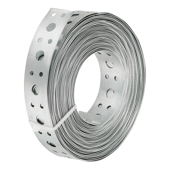 Uxcell Galvanized Pipe Strap, 1 Pcs 0.98 Inch x 33 FT 0.6mm Thickness Metal Strapping with Holes Bendable Pipe Hanger Strap for Pipe Supports Hanging, Silver Tone