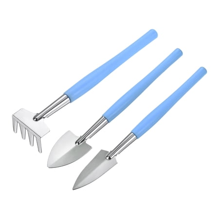 Uxcell Gardening Tools Iron Spade Rake Transplanting Digging Kits, Blue 3 Pack