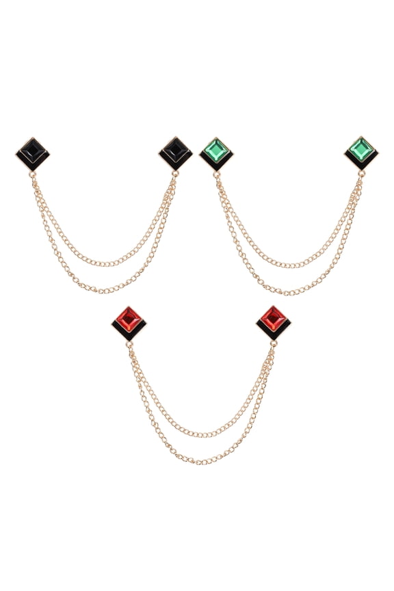 Gem Chain Brooch Pins, 3Pcs Hanging Chain Brooch Suit Pin Tassel Square Crystal Badge Lapel Collar Pins for Women Men Shirts Tuxedo Scarf, Gold Tone(Black/Red/Green)