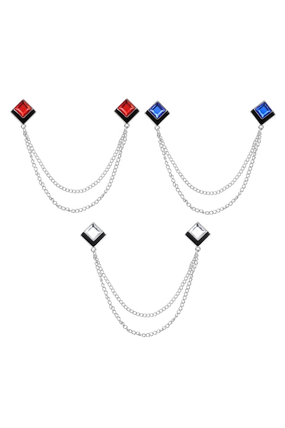 Gem Chain Brooch Pins, 3Pcs Hanging Chain Brooch Suit Pin Tassel Square Crystal Badge Lapel Collar Pins for Women Men Shirts Tuxedo Scarf, Silver Tone(White/Red/Blue)