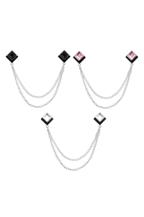 Gem Chain Brooch Pins, 3Pcs Hanging Chain Brooch Suit Pin Tassel Square Crystal Badge Lapel Collar Pins for Women Men Shirts Tuxedo Scarf, Silver Tone(White/Pink/Black)