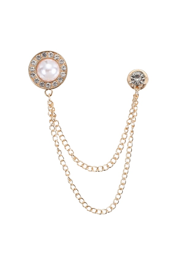 Gem Chain Brooch Pins, Hanging Chain Brooch Suit Pin Tassel Round Pearl Badge Lapel Collar Pins for Women Men Shirts Tuxedo Scarf, Gold Tone(White)