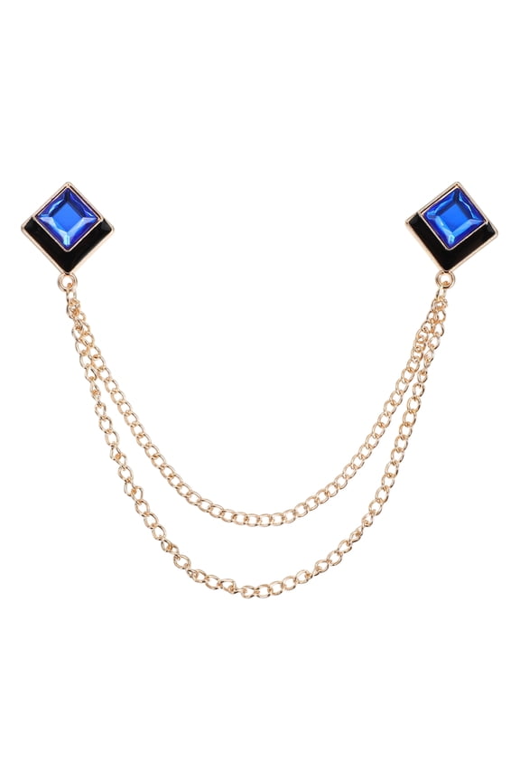 Gem Chain Brooch Pins, Hanging Chain Brooch Suit Pin Tassel Square Crystal Badge Lapel Collar Pins for Women Men Shirts Tuxedo Scarf, Gold Tone(Blue)