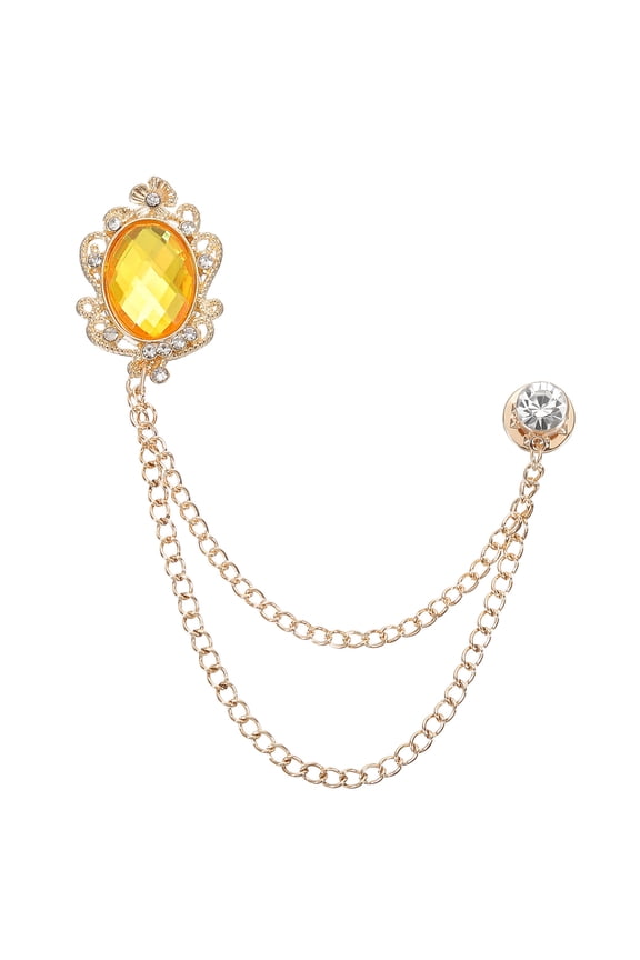 Gem Hanging Chain Brooch Pins Men's Gem Brooch Suit Pins Gold Tone Brown