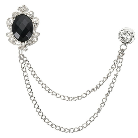Uxcell Gem Hanging Chain Brooch Pins Men's Gem Brooch Suit Pins Silver Black