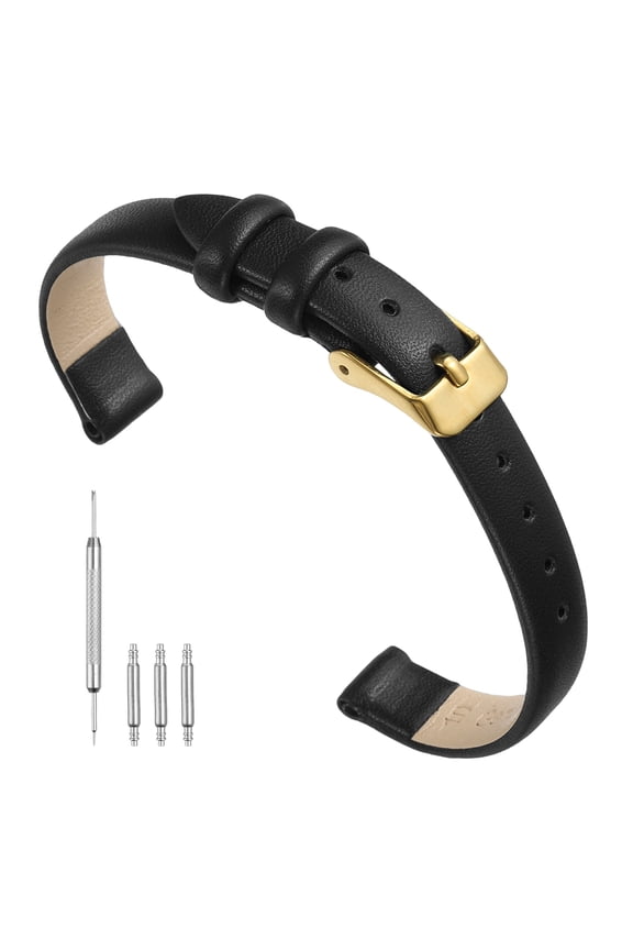 Genuine Leather Band 10mm Width Black with Gold Buckle, Flat Thin Elegant Leather Watch Strap for Men and Women