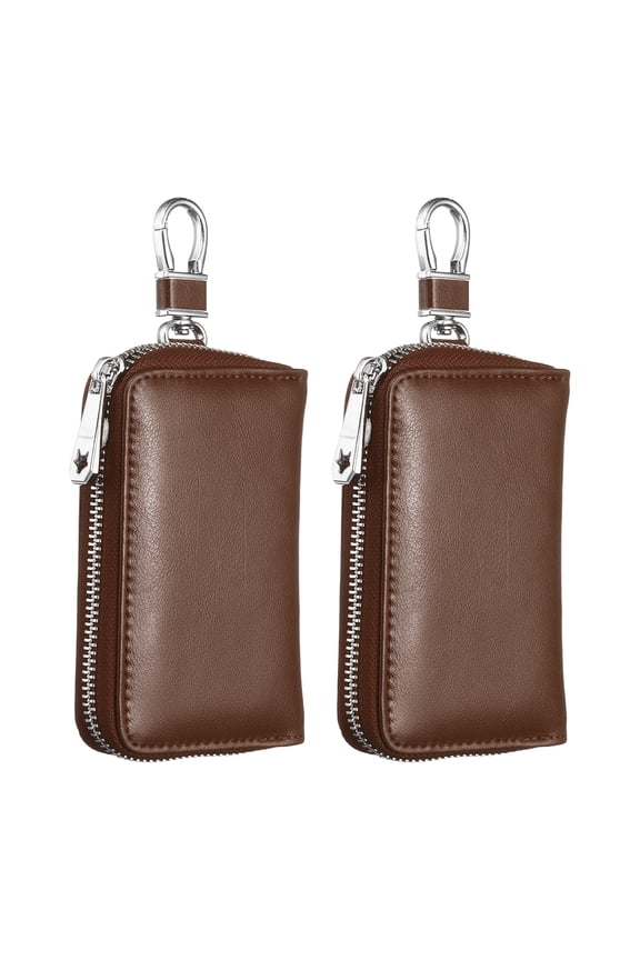 Genuine Leather Key Holder Bag Car Keychain Coin Case Fob Wallet with 6 Metal Hooks Keyring & 4 Card Slot Zipper Bag Brown 2Pcs