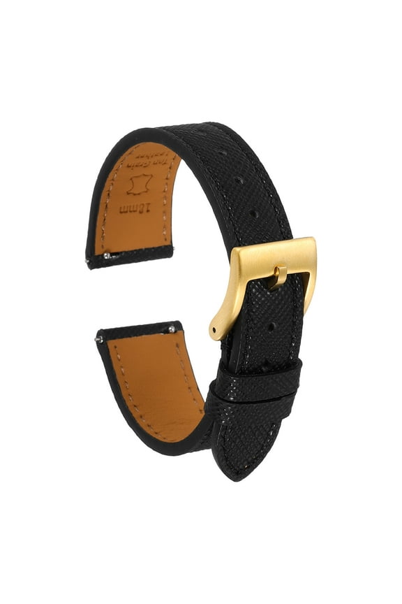Genuine Leather Watch Band 18mm Quick Release Replacement Watch Strap with Stainless Steel Gold Buckle for Men Women, Black