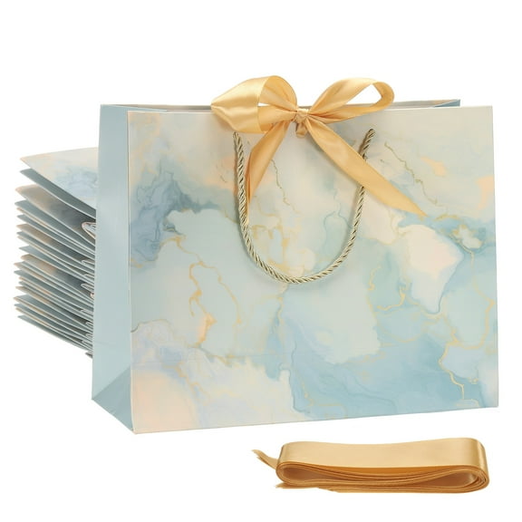 Uxcell Gift Bags with Bow Ribbon Medium Gift Wrap Bags with Handles for Wedding Birthday Bridesmaid Party Shopping Gold/Blue Small
