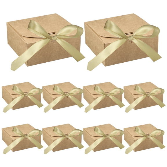Uxcell Gift Boxes with Lids, (4.5 x 4.5 x 2 Inch, Brown) (10 Pcs), Kraft Paper Bridesmaid Proposal Box with Gold Wrap Ribbons for Christmas Birthday Wedding Graduation Party