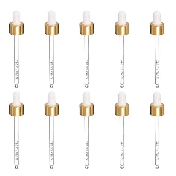 Uxcell Glass Eye Dropper, 10 Pcs Droppers Liquids Closure Top with Measurement mark for 100ml(3.4oz) Glass Bottles Liquids Essential Oils Dispenser Perfume Storage Lab, White/Gold Top