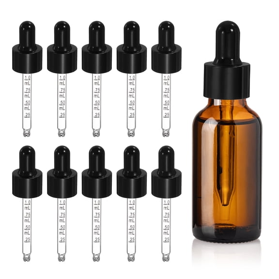 Uxcell Glass Eye Dropper, 10 Pcs Droppers Liquids Closure Top with Measurement 15ml(1/2oz) Glass Small Bottles for Liquids Essential Oils Dispenser Perfume Storage Lab, Black/Black Top