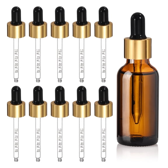 Uxcell Glass Eye Dropper, 10 Pcs Droppers Liquids Closure Top with Measurement 30ml(1oz) Glass Small Bottles for Liquids Essential Oils Dispenser Perfume Storage Lab, Black/Gold Top