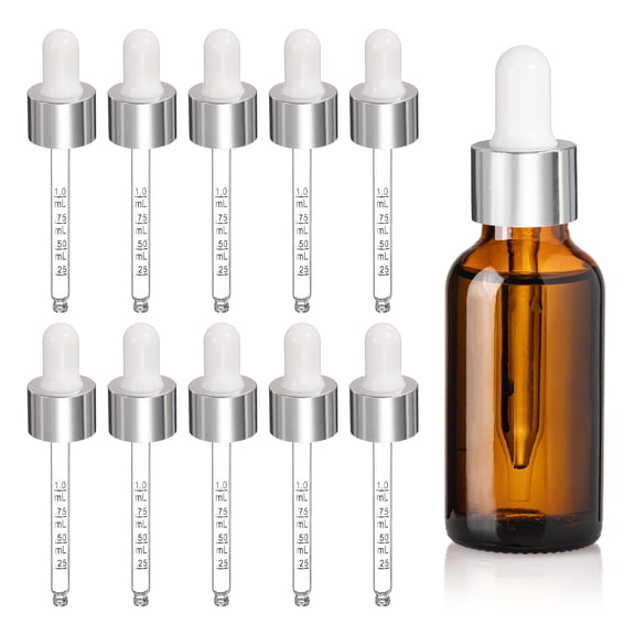Uxcell Glass Eye Dropper, 10 Pcs Droppers Liquids Closure Top with Measurement 30ml(1oz) Glass Small Bottles for Liquids Essential Oils Dispenser Perfume Storage Lab, White/Silver Top