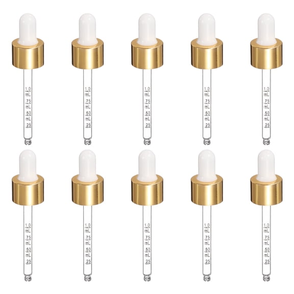 Uxcell Glass Eye Dropper, 10 Pcs Droppers Liquids Closure Top with Measurement mark for 30ml(1oz) Glass Bottles Liquids Essential Oils Dispenser Perfume Storage Lab, White/Gold Top