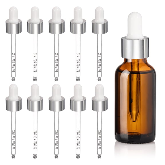 Uxcell Glass Eye Dropper, 10 Pcs Droppers Liquids Closure Top with Measurement 50ml(1.7oz) Glass Small Bottles for Liquids Essential Oils Dispenser Perfume Storage Lab, White/Silver Top