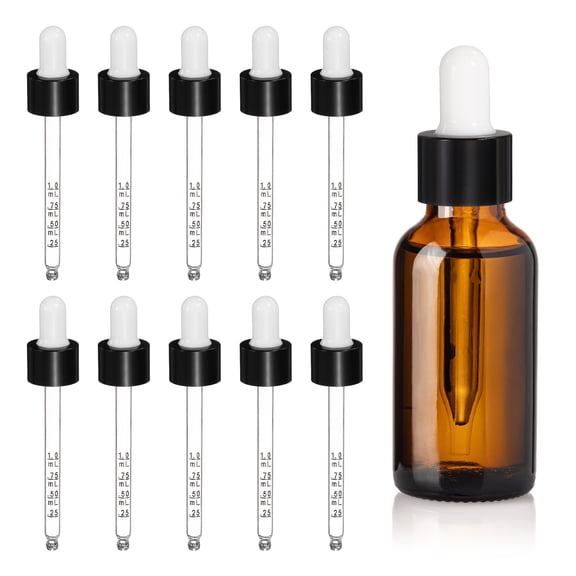Uxcell Glass Eye Dropper, 10 Pcs Droppers Liquids Closure Top with Measurement 50ml(1.7oz) Glass Small Bottles for Liquids Essential Oils Dispenser Perfume Storage Lab, White/Black Top