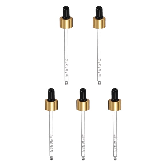 Uxcell Glass Eye Dropper, 5 Pcs Droppers Liquids Closure Top with Measurement mark for 100ml(3.4oz) Glass Bottles Liquids Essential Oils Dispenser Perfume Storage Lab, Black/Gold Top