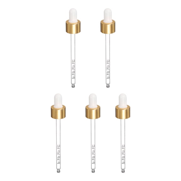Uxcell Glass Eye Dropper, 5 Pcs Droppers Liquids Closure Top with Measurement mark for 100ml(3.4oz) Glass Bottles Liquids Essential Oils Dispenser Perfume Storage Lab, White/Gold Top