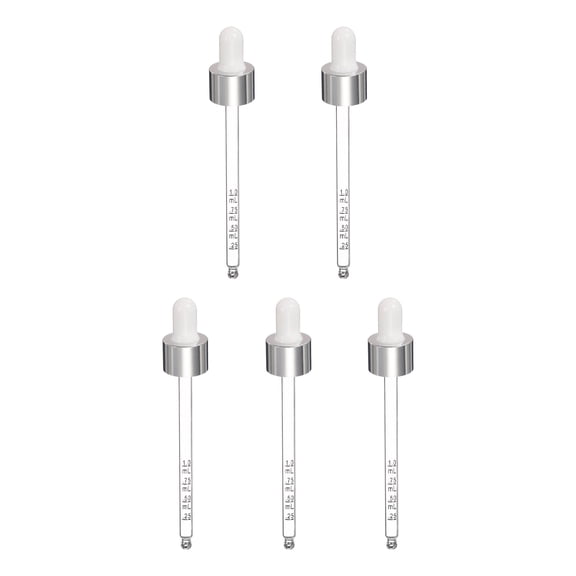 Uxcell Glass Eye Dropper, 5 Pcs Droppers Liquids Closure Top with Measurement mark for 100ml(3.4oz) Glass Bottles Liquids Essential Oils Dispenser Perfume Storage Lab, White/Silver Top