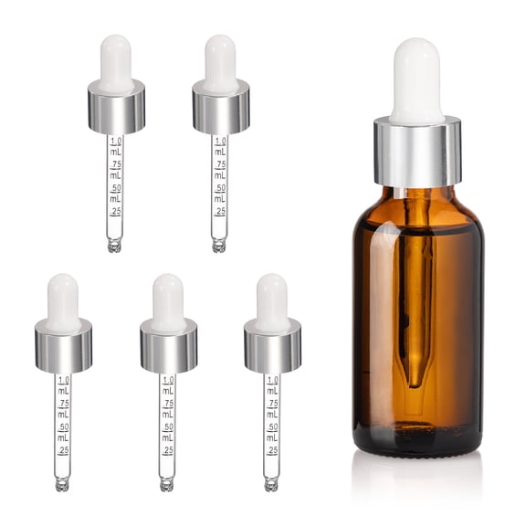 Uxcell Glass Eye Dropper, 5 Pcs Droppers Liquids Closure Top with Measurement mark for 15ml(1/2oz) Glass Bottles Liquids Essential Oils Dispenser Perfume Storage Lab, White/Silver Top
