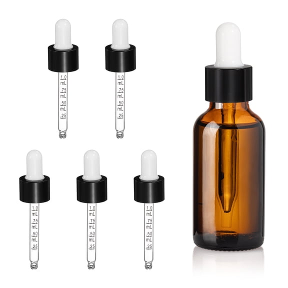 Uxcell Glass Eye Dropper, 5 Pcs Droppers Liquids Closure Top with Measurement 15ml(1/2oz) Glass Small Bottles for Liquids Essential Oils Dispenser Perfume Storage Lab, White/Black Top