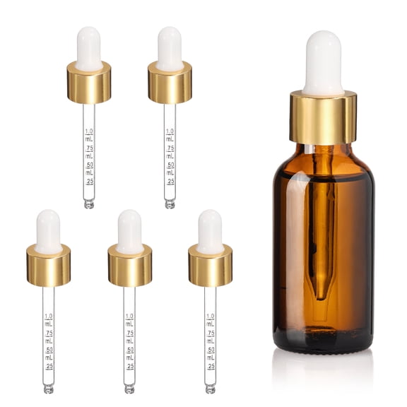 Uxcell Glass Eye Dropper, 5 Pcs Droppers Liquids Closure Top with Measurement 30ml(1oz) Glass Small Bottles for Liquids Essential Oils Dispenser Perfume Storage Lab, White/Gold Top