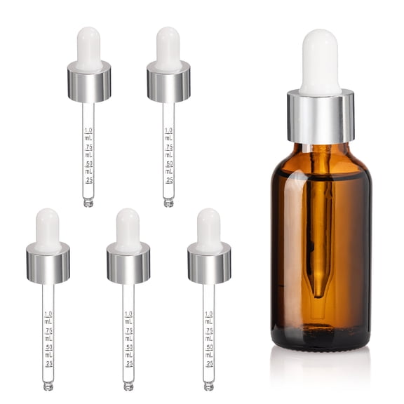 Uxcell Glass Eye Dropper, 5 Pcs Droppers Liquids Closure Top with Measurement mark for 30ml(1oz) Glass Bottles Liquids Essential Oils Dispenser Perfume Storage Lab, White/Silver Top