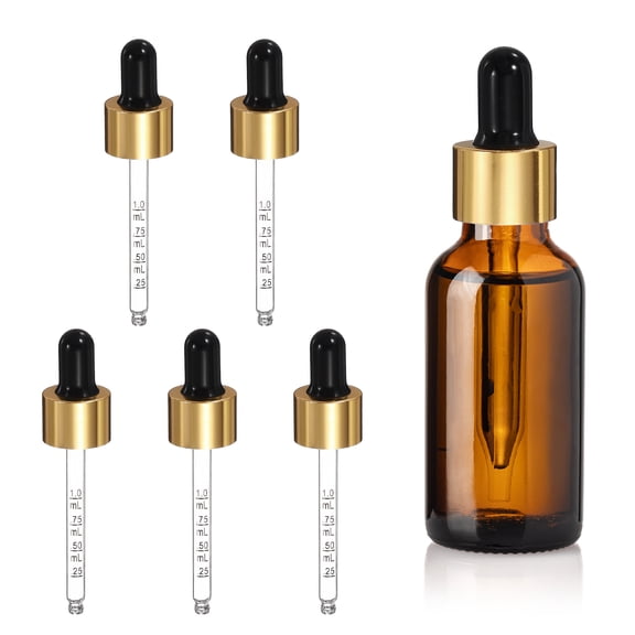 Uxcell Glass Eye Dropper, 5 Pcs Droppers Liquids Closure Top with Measurement mark for 30ml(1oz) Glass Bottles Liquids Essential Oils Dispenser Perfume Storage Lab, Black/Gold Top