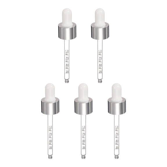 Uxcell Glass Eye Dropper, 5 Pcs Droppers Liquids Closure Top with Measurement mark for 30ml(1oz) Glass Bottles Liquids Essential Oils Dispenser Perfume Storage Lab, White/Silver Top