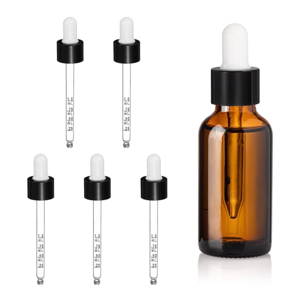 Uxcell Glass Eye Dropper, 5 Pcs Droppers Liquids Closure Top with Measurement 50ml(1.7oz) Glass Small Bottles for Liquids Essential Oils Dispenser Perfume Storage Lab, White/Black Top