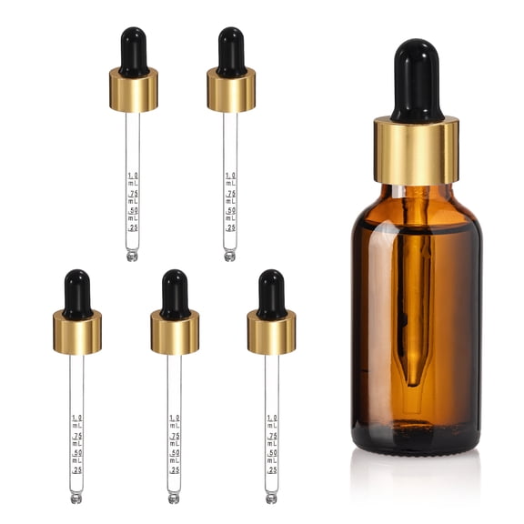 Uxcell Glass Eye Dropper, 5 Pcs Droppers Liquids Closure Top with Measurement 50ml(1.7oz) Glass Small Bottles for Liquids Essential Oils Dispenser Perfume Storage Lab, Black/Gold Top