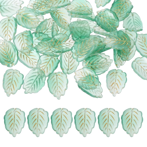 Uxcell Glass Leaf Beads, 50Pcs Cute Crystal Lamp Work Leaf Charms, Translucent Czech Spacer Beads for DIY Jewelry Making Bracelets Necklace Wind Chimes Suncatchers, Green/Golden