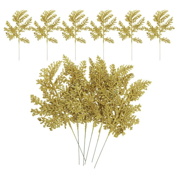 Uxcell Glitter Artificial Pine Needles, Christmas Glitter Pine Stems Branches Fake Floral Twig Leaves Faux Cedar Picks Gold 24 Pcs
