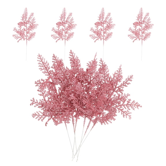 Uxcell Glitter Artificial Pine Needles, Christmas Glitter Pine Stems Branches Fake Floral Twig Leaves Faux Cedar Picks Pink 10 Pcs