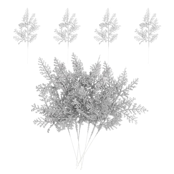 Uxcell Glitter Artificial Pine Needles, Christmas Glitter Pine Stems Branches Fake Floral Twig Leaves Faux Cedar Picks Silver 10 Pcs