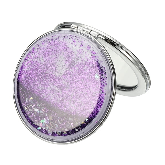 Uxcell Glitter Pocket Mirror, 1x/2x Round Magnifying Double-Sided Portable Folding Hand-held Compact Makeup Mirror with Moving Sand for Women Girls Purse Handbag Accessories, Purple