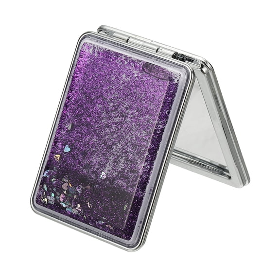 Uxcell Glitter Pocket Mirror, 1x/2x Square Magnifying Double-Sided Portable Folding Hand-held Compact Makeup Mirror with Moving Sand for Women Girls Purse Handbag Accessories, Purple