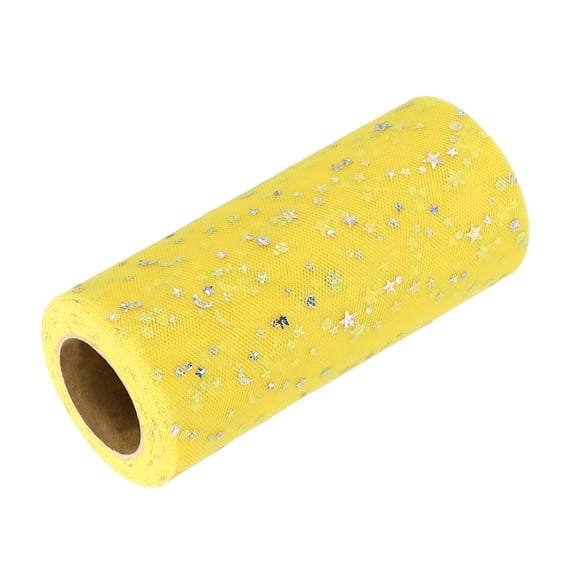 Uxcell Glitter Tulle Ribbon (6 Inch x 25 Yards) - Star Moon Pattern Wide Mesh Ribbon Sparkle Fabric Tulle Rolls, for DIY Tutu Skirt Bow Wedding Decor Gift Wrapping, Yellow
