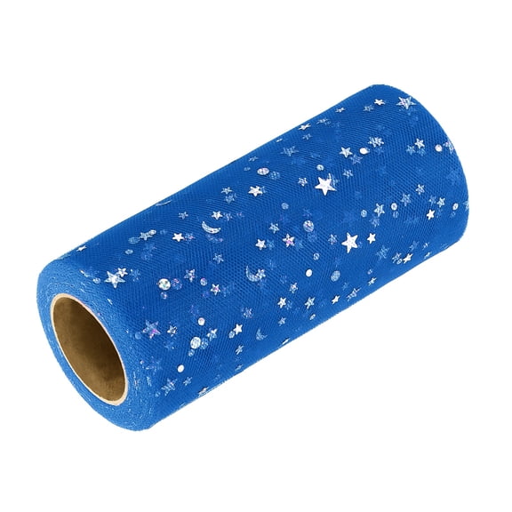 Uxcell Glitter Tulle Ribbon (6 Inch x 25 Yards) - Star Moon Pattern Wide Mesh Ribbon Sparkle Fabric Tulle Rolls, for DIY Tutu Skirt Bow Wedding Decor Gift Wrapping, Blue